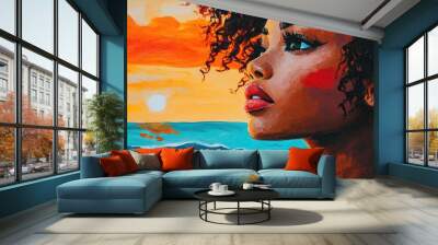 Attractive young girl with curly hair enjoys a sunset at the beach embodying a vibrant lifestyle and capturing a close up moment Wall mural