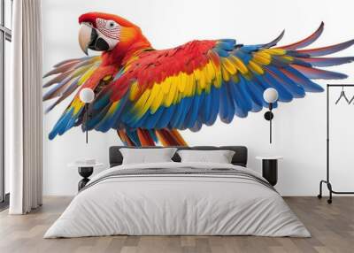 Colorful macaw parrot in flight against a white background Wall mural