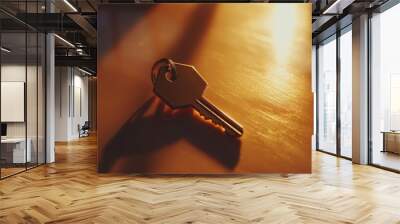 Key with house shaped keychain on a light surface symbolizing mortgage home loans and real estate investment concepts Wall mural