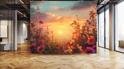 Lovely sight of the sun amidst flowers Wall mural