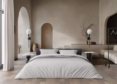 Minimalist interior decor arrangement featuring neutral tones natural lighting and calming atmosphere Wall mural