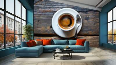 Morning refreshment espresso on wooden table Wall mural