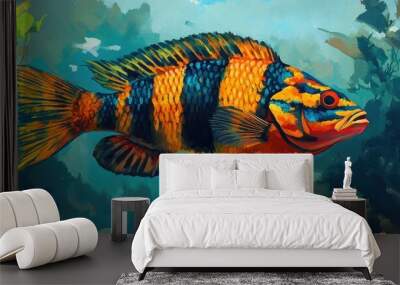 Peacock bass a striking cichlid fish with a vibrant tiger pattern swimming gracefully in an underwater aquarium environment Wall mural