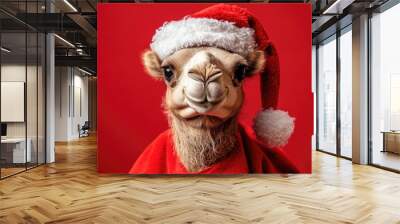 Portrait of a Camel in a Festive Red Santa Claus Outfit Against a Vibrant Background in a Studio Setting Wall mural