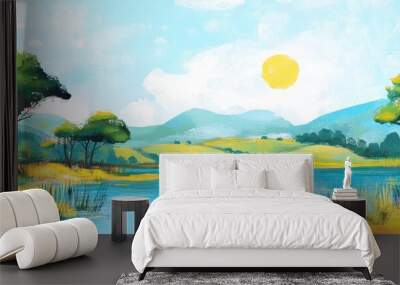 Scenic view of a tranquil lake on a bright sunny day Wall mural