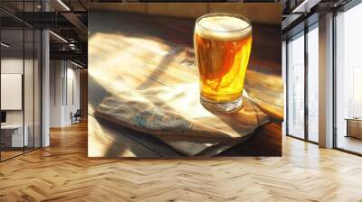 Small glass of golden beer on a worn wooden table accompanied by a napkin and illuminated by sunlight Wall mural