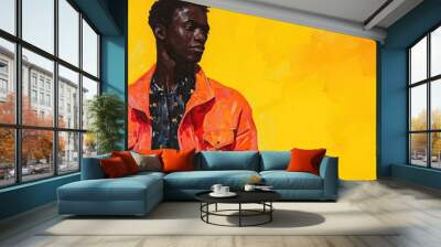 Stylish African man wearing a jacket against a vibrant yellow backdrop Wall mural