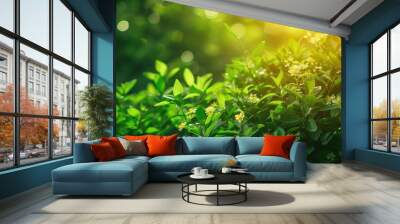 Vibrant green plants with blossoms in a summer nature image Wall mural