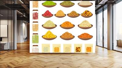 Cereals in bowls, rice, corn, barley, oats icons Wall mural