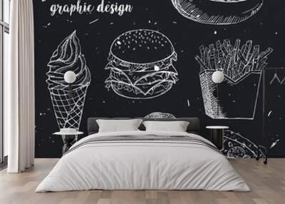 Hand drawn fastfood set. Creative vector illustration. Wall mural