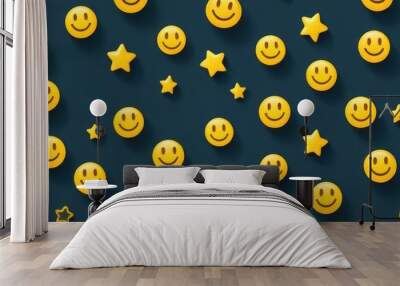 Smiley emoji surrounded by positive symbols, representing feedback rating and customer satisfaction. Wall mural