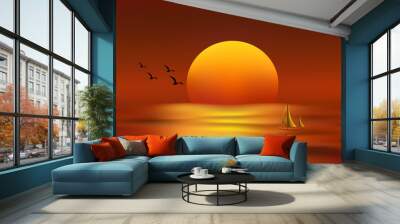 vector sunrise landscape and a boat Wall mural