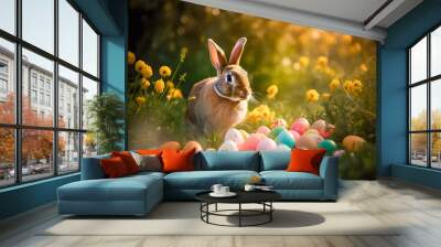 Easter Bunny with Colorful Easter Eggs on Flower Meadow in Sunny Weather Wall mural