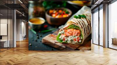 A delicious and vibrant burrito rolls with salmon and avocado filled with fresh vegetables served on a rustic wooden board Wall mural