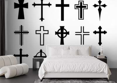 Catholic Symbols, Cross Christian icons. Vector line black christian cross set on white background Wall mural