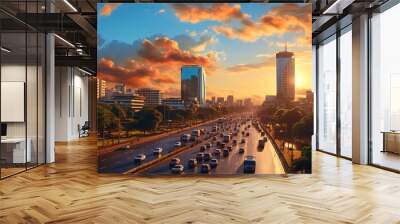 Sunset Spectacle: Nairobi's Vibrant City Skyline Ignited in the Evening Glow Wall mural