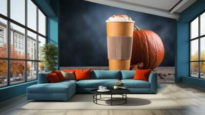 Pumpkin spice latte in a paper cup Wall mural