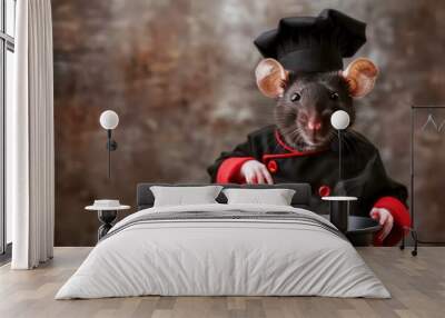 A black rat wearing a chef's hat and uniform stirs a pot of steaming liquid with a metal spoon. Wall mural