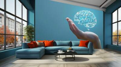 A glowing brain floating above an open palm, suggesting the concept of human intelligence and thought. Wall mural