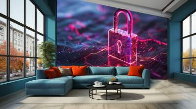 A glowing padlock on a circuit board with neon lights representing digital security. Wall mural