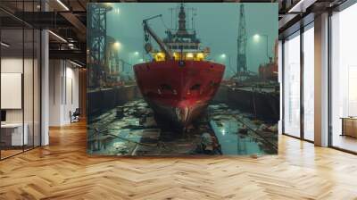 A large ship in a dry dock, the dark water reflecting the lights of the shipyard. Wall mural