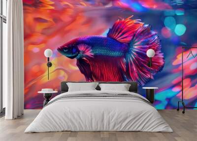 A vibrant Siamese fighting fish with an iridescent blue and orange body with a long flowing tail fin swims in a tank with an abstract colorful background. Wall mural