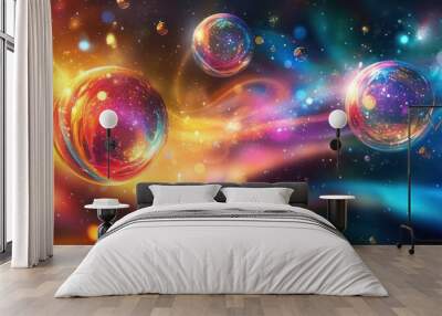 Abstract cosmic spheres floating in a nebula of vibrant colors and glowing particles. Wall mural