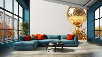 Decorative gold soccer ball on white 3D illustration background with winner sport world championship trophy champion cup of victory honor prize. Wall mural