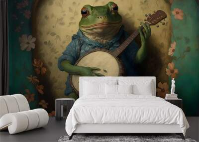 portrait of a country frog playing a banjo folk style painting frog and toad over the garden wall  Wall mural