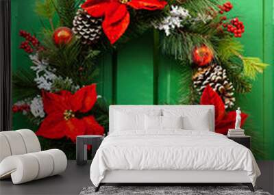 Large Christmas Wreath on Green Door Wall mural