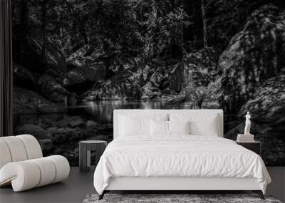 Waterhole and a calm tropical creek  flowing among rocks in the rainforest. Stoney Creek Environmental Reserve, Kamerunga, Cairns. Far North Queensland. Australia. Black & White Landscape Photography. Wall mural