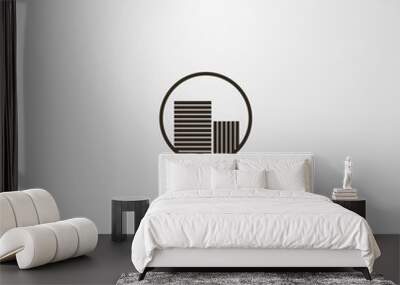 black and white simple line art sign of two high-rise houses in a round frame Wall mural