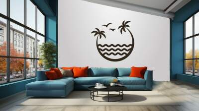 black and white simple vector sign of two palm trees leaning over the sea waves Wall mural