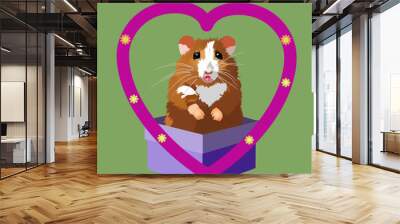 Hamster pet standing in a gift box in front of one heart shape. Vector illustration for t shith print design. Wall mural