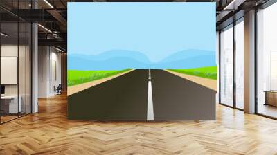 Mountain landscape with a road that gets lost in the blue distance of the mountains. Vector illustration. Wall mural