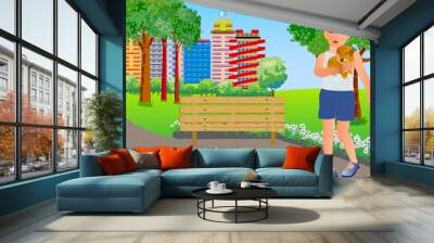 The puppy met a boy who took him in his arms. The little dog is happy. A vector illustration that tells the story of two friends. Wall mural