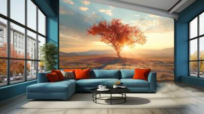 Lonely - Colorful Tree stands in the middle of the bare desert. Hot sun rays pass through the branches of a tree Wall mural