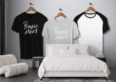 Basic and Baseball short sleeve T-Shirts Mock-up clothes set hanging isolated on wall. Front side view with lettering for your design or logo. Wall mural