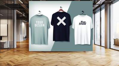 Men's gray basic t-shirts mockup with wood and metal hanger. Mockup clothes for ads, advertisement, branding. Wall mural