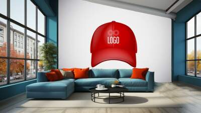 Realistic front view red baseball cap with text logo for advertising isolated on white background vector illustration. Wall mural