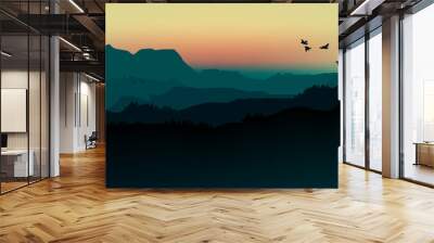 Vector illustration landscape of silhouette mountains in fog and Wall mural