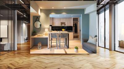 Modern grey and wooden interior of small studio apartment. Front view of hotel flat room witn kitchen, living, bedroom in single space Wall mural