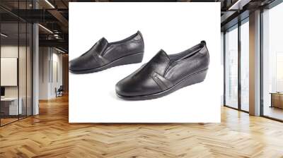 Female black leather shoe on white background, isolated product, comfortable footwear. Wall mural