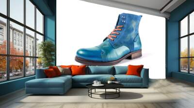 Female blue leather boot on white background, isolated product, top view. Wall mural