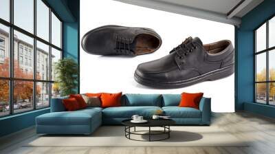 Male black leather elegant shoe on white background, isolated product, comfortable footwear. Wall mural