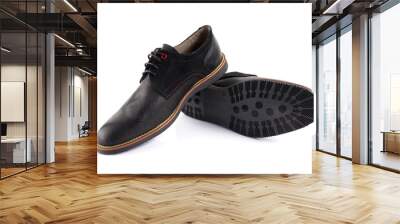 Male black leather shoe on white background, isolated product, comfortable footwear. Wall mural