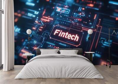 3D holographic representation of fintech technology concept with digital elements in blue and orange futuristic cyber background Wall mural