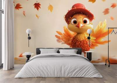 A cute turkey character wearing a stylish hat surrounded by autumn leaves, showcasing vibrant colors and whimsical charm, perfect for festive decor Wall mural