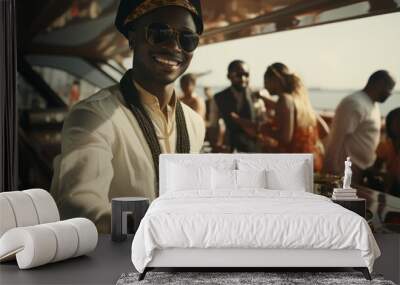 A handsome young African American man in stylish clothes stands on the open deck of a cruise ship or liner, holding a beautiful cocktail glass in his hands. Close-up. The concept of travel for Wall mural