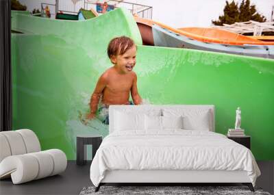 A little boy slides down a green water slide in the water park, a child's cheerful mood, holidays Wall mural